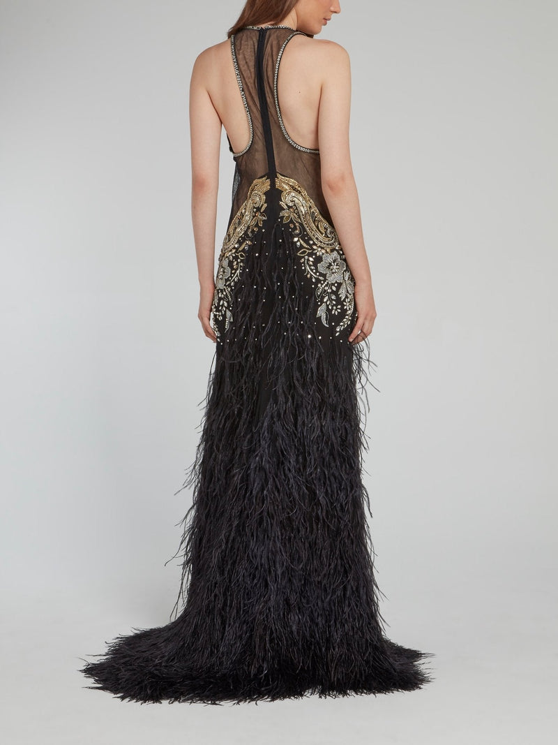 Baroque Embellished Feather Detailed Maxi Dress