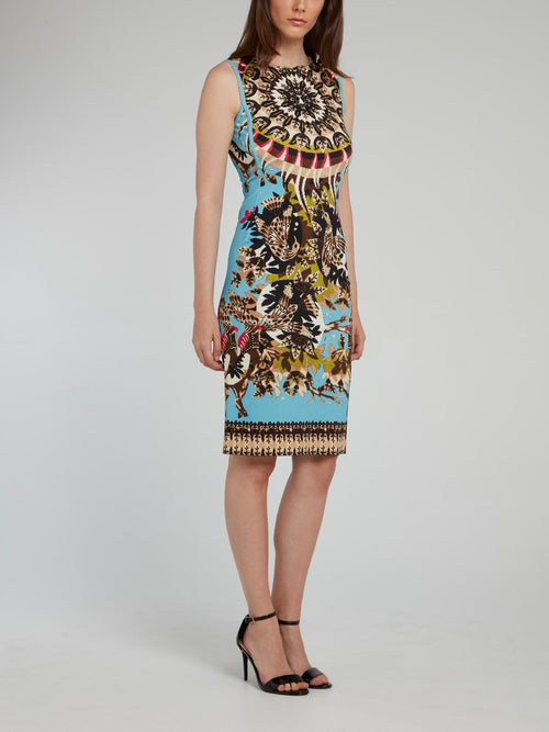 Blue Printed Rear Zip Sheath Dress