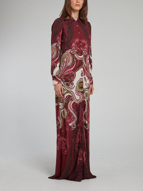 Burgundy Snake Print Button Up Maxi Dress