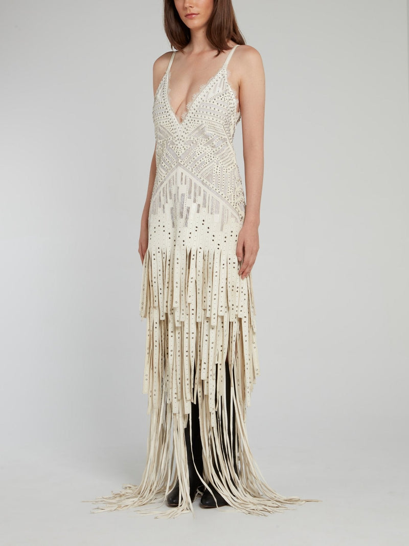 Multi-Stud Tiered Fringe Maxi Dress