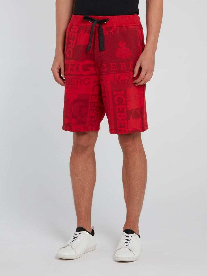 Red Logo Print Drawstring Shorts