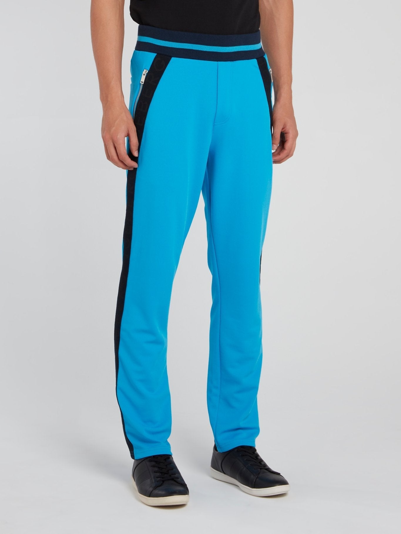 Blue Ribbed Waistband Side Stripe Pants