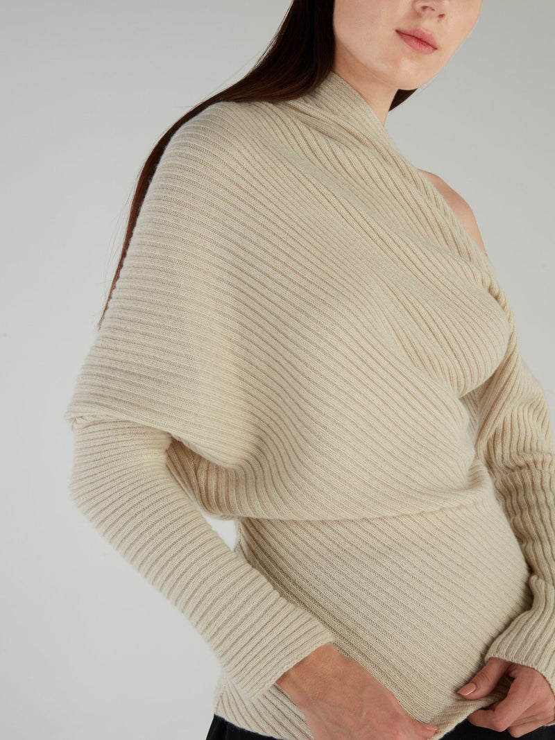 Beige One-Shoulder Ribbed Sweater