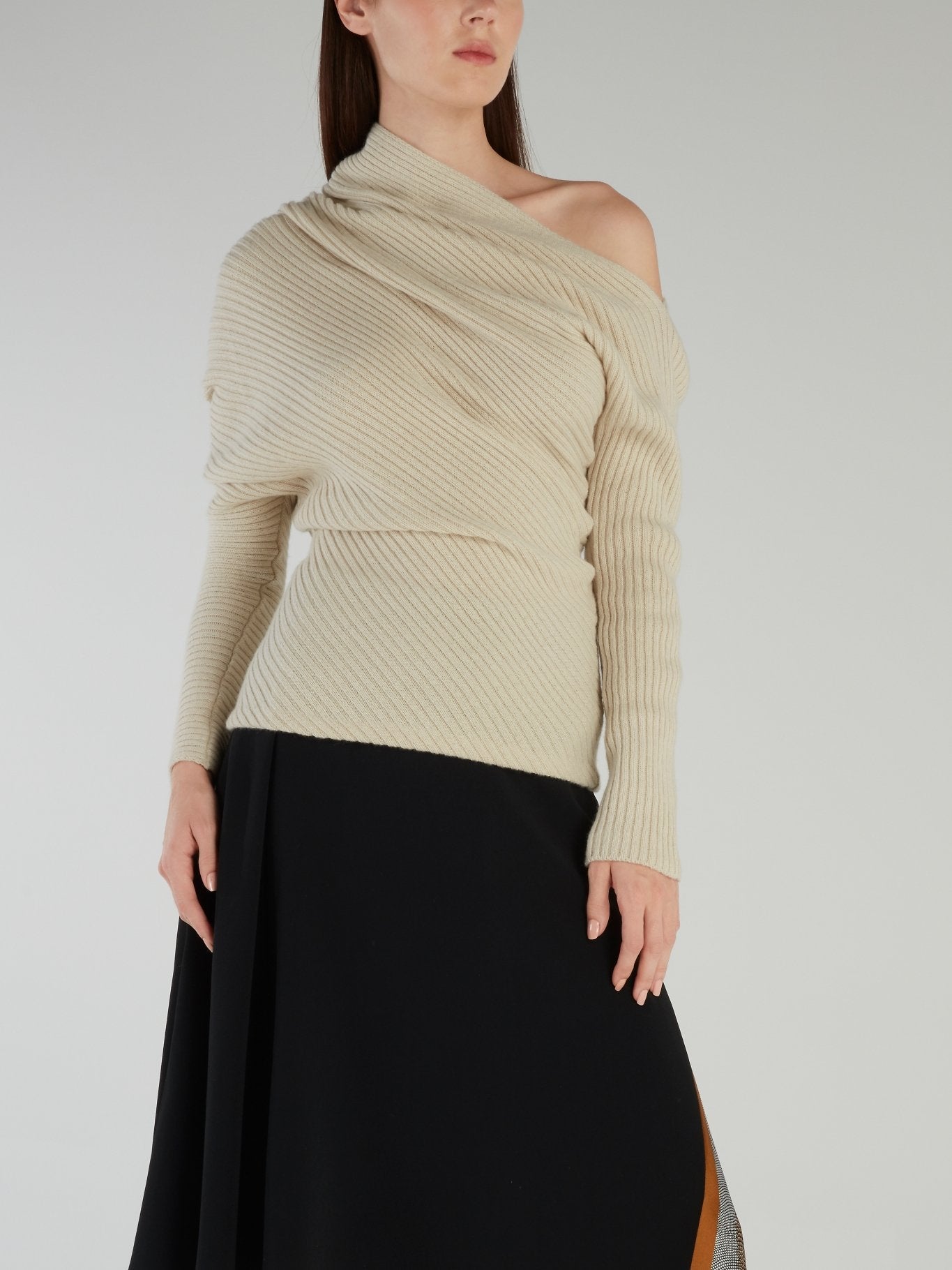 Beige One-Shoulder Ribbed Sweater