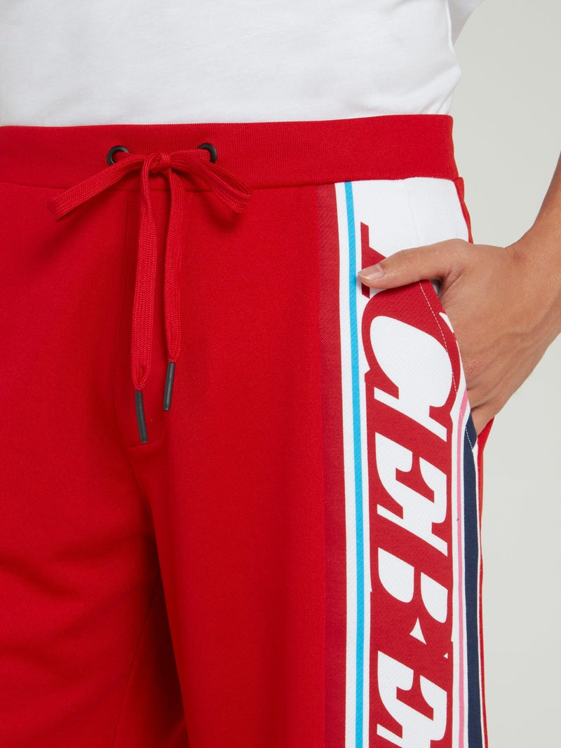 Red Logo Stripe Drawstring Shorts