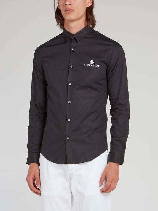 Black Logo Embroidered Button Up Shirt