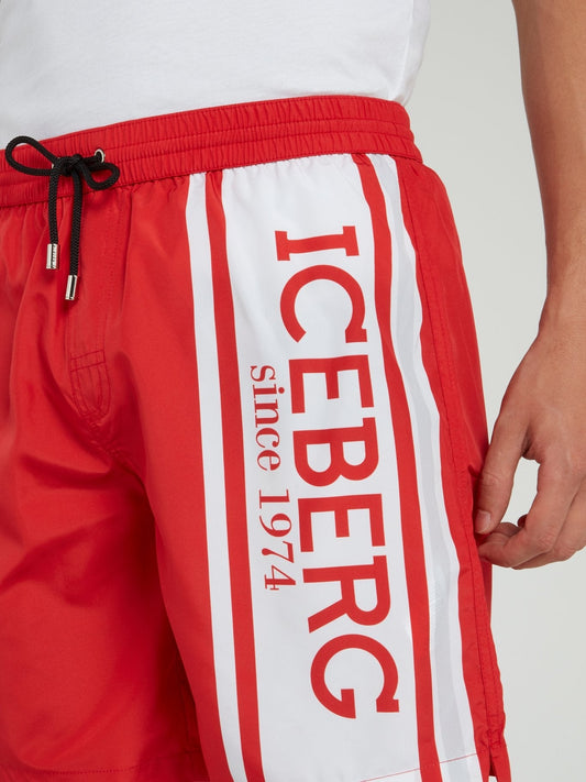 Red Logo Stripe Drawstring Shorts