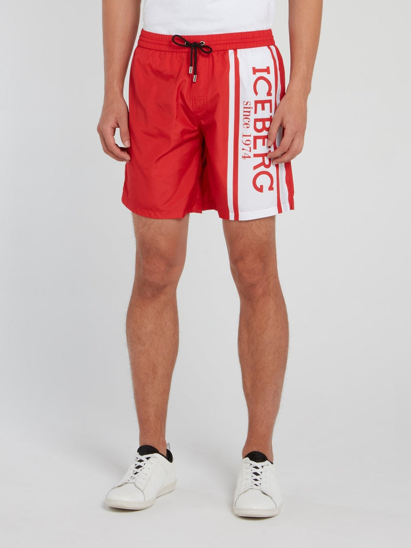 Red Logo Stripe Drawstring Shorts