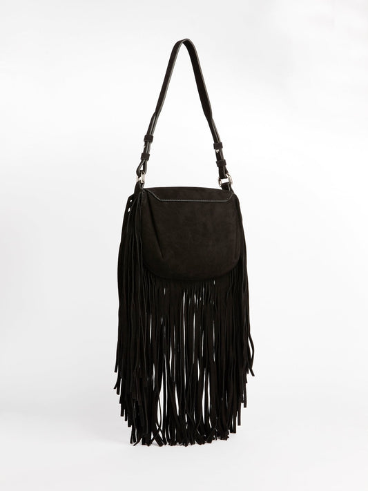 Black Suede Fringe Shoulder Bag