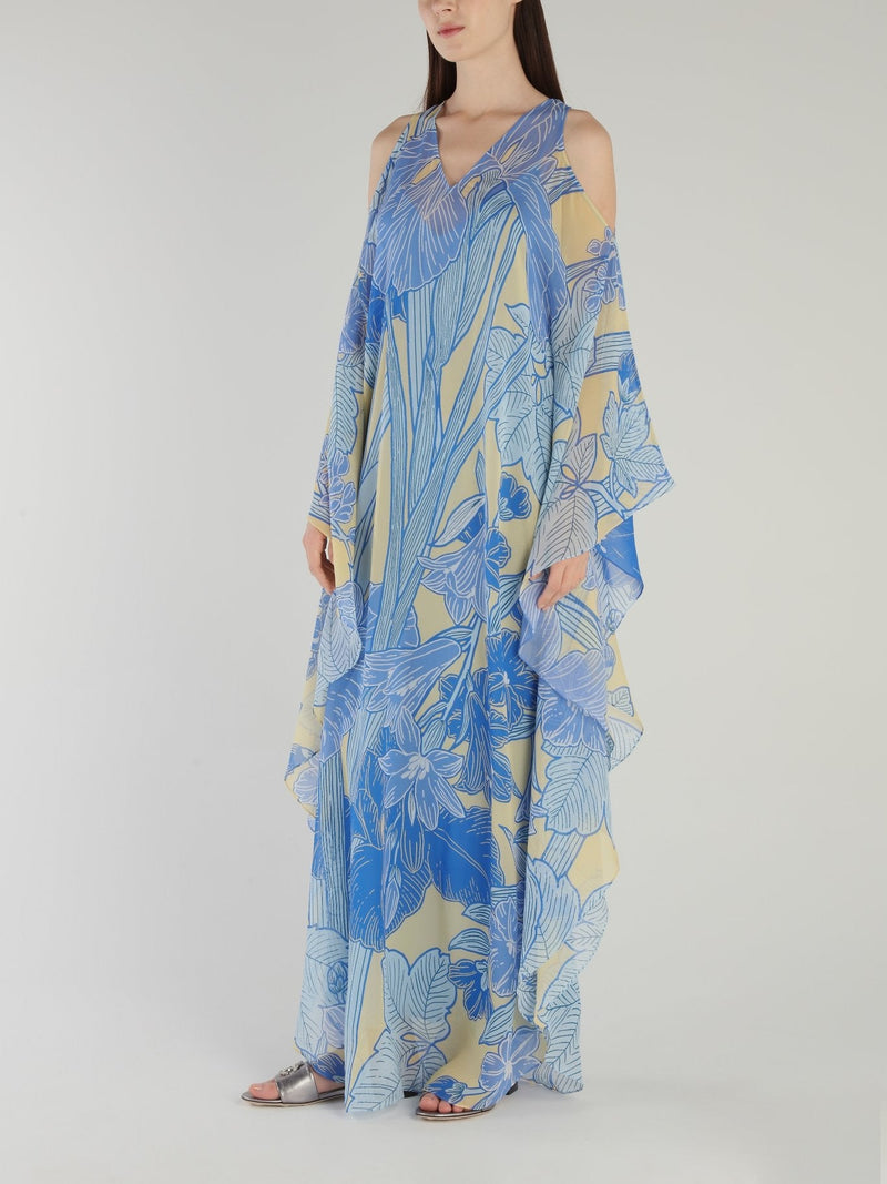 Blue Tropical Cold Shoulder Maxi Dress