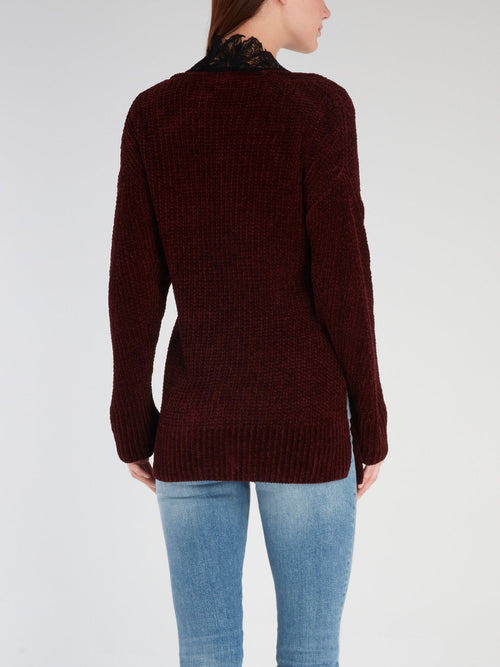 Burgundy Lace Panel Ribbed Cardigan