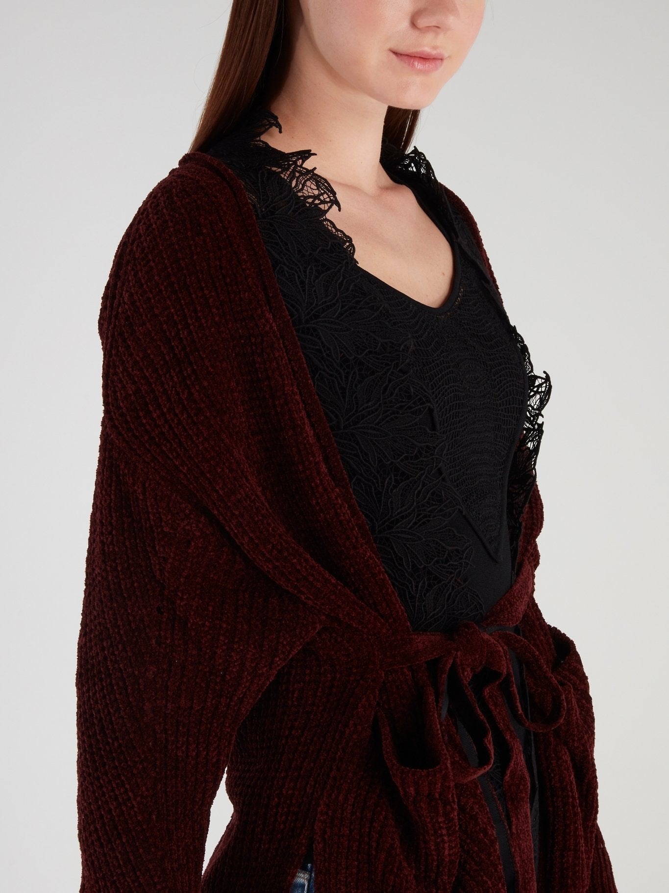 Burgundy Lace Panel Ribbed Cardigan