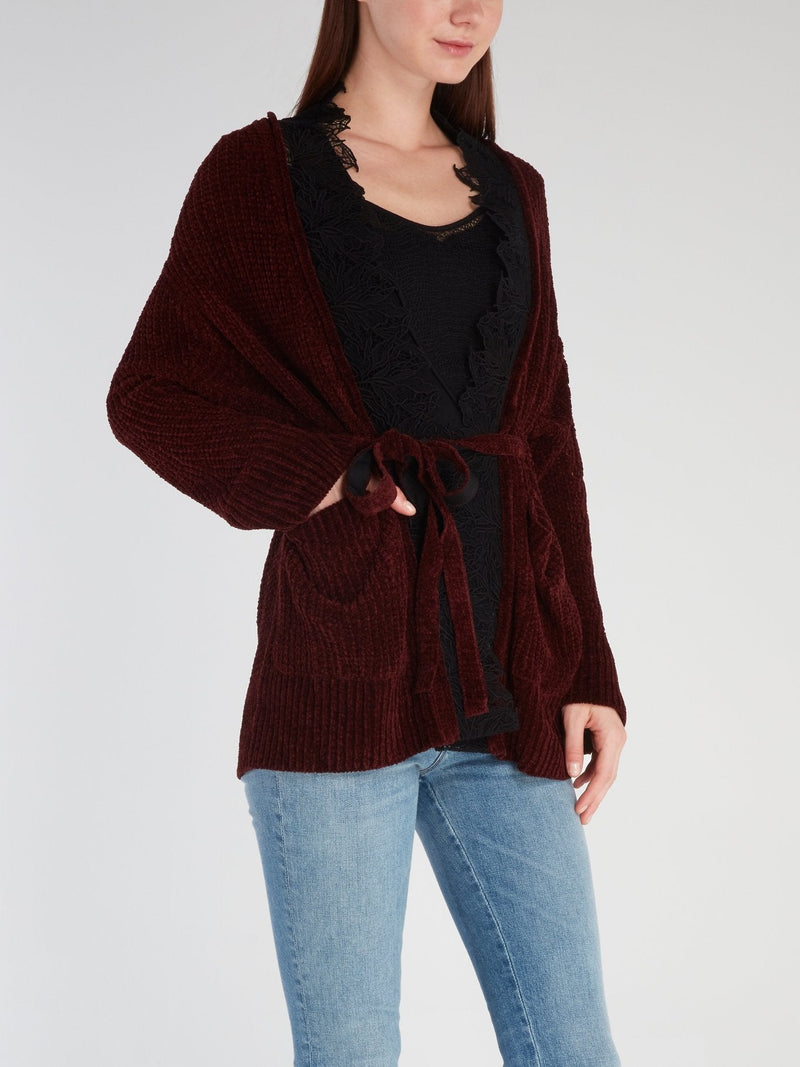 Burgundy Lace Panel Ribbed Cardigan