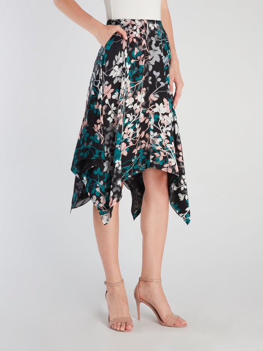 Black Leaf Print Silk Skirt