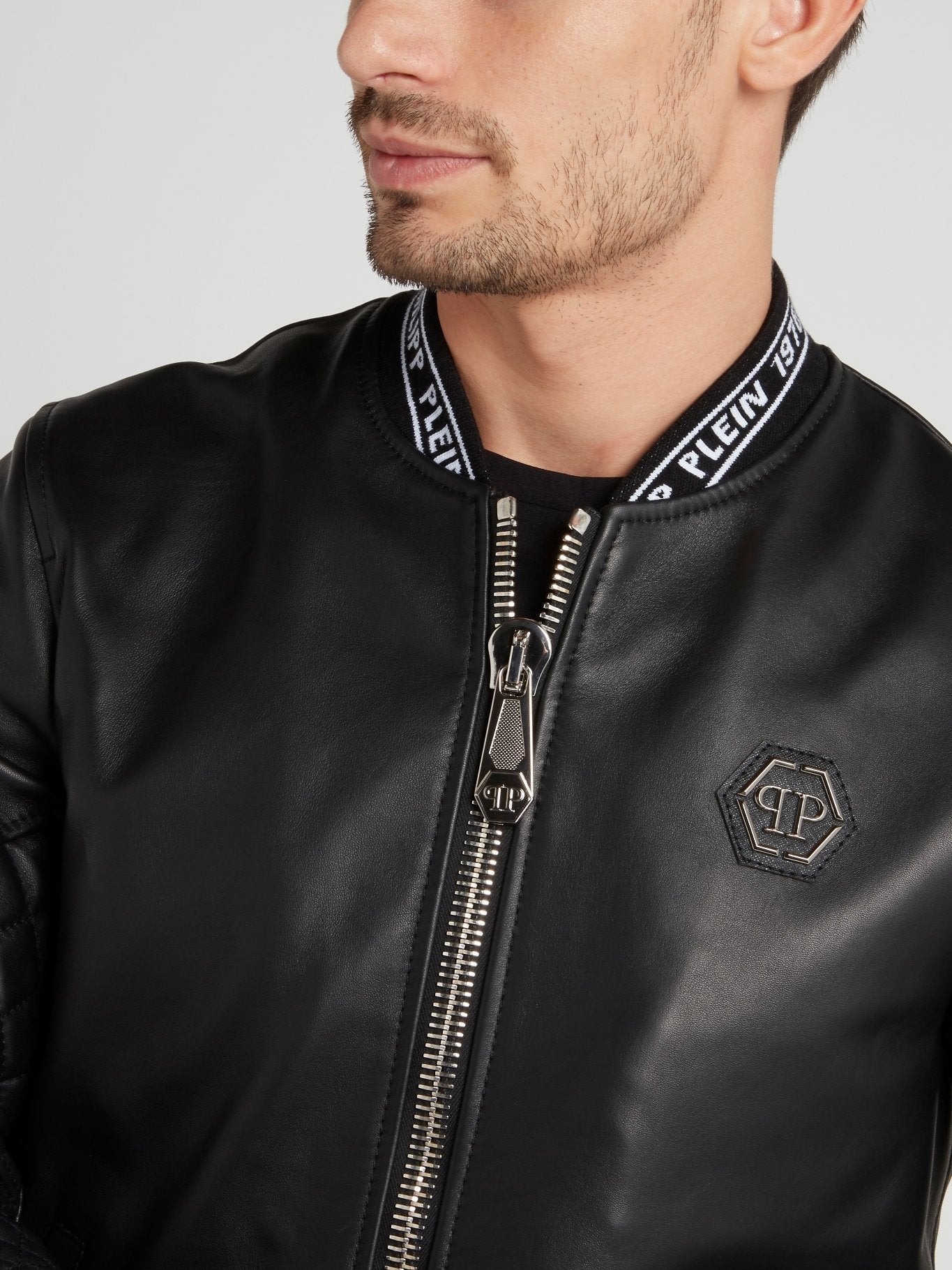 Black Logo Edge Leather Bomber Jacket