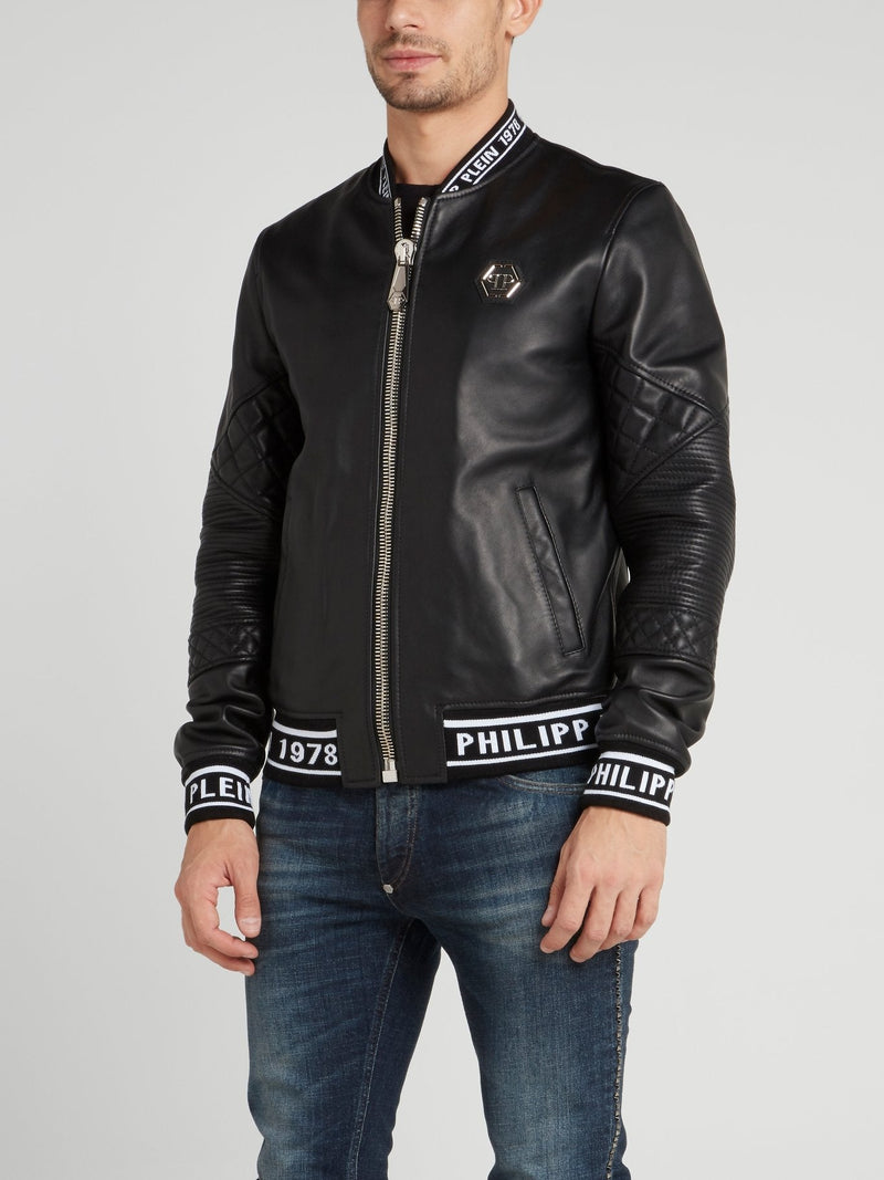 Black Logo Edge Leather Bomber Jacket