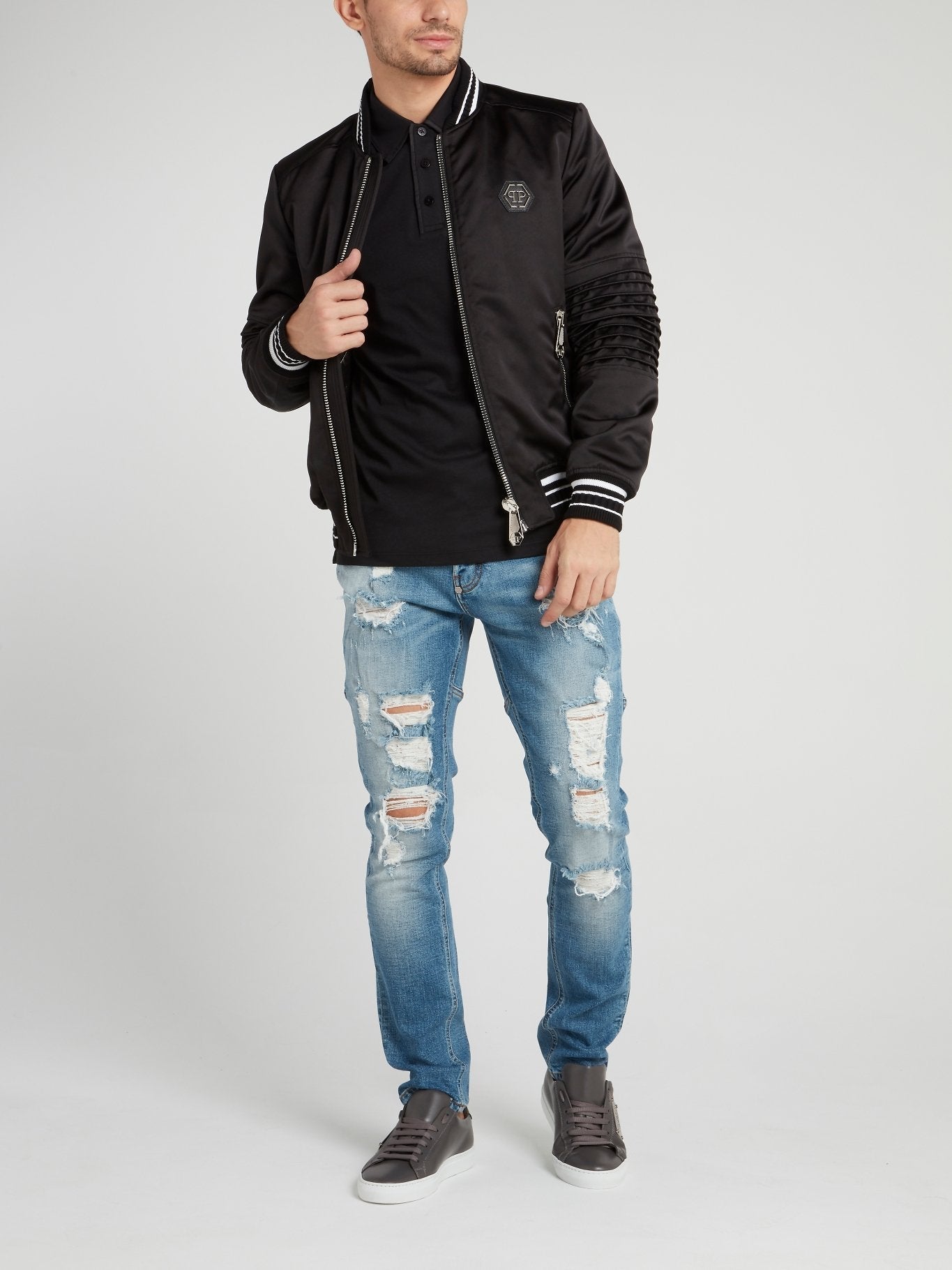 Black Stripe Edge Logo Bomber Jacket