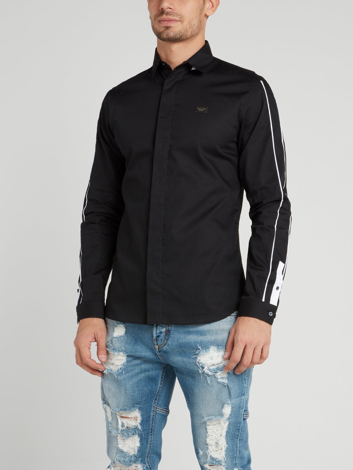 Black Rear Logo Stripe Sleeve Shirt