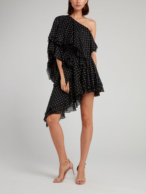 Black Asymmetric Polka Dot Mini Dress