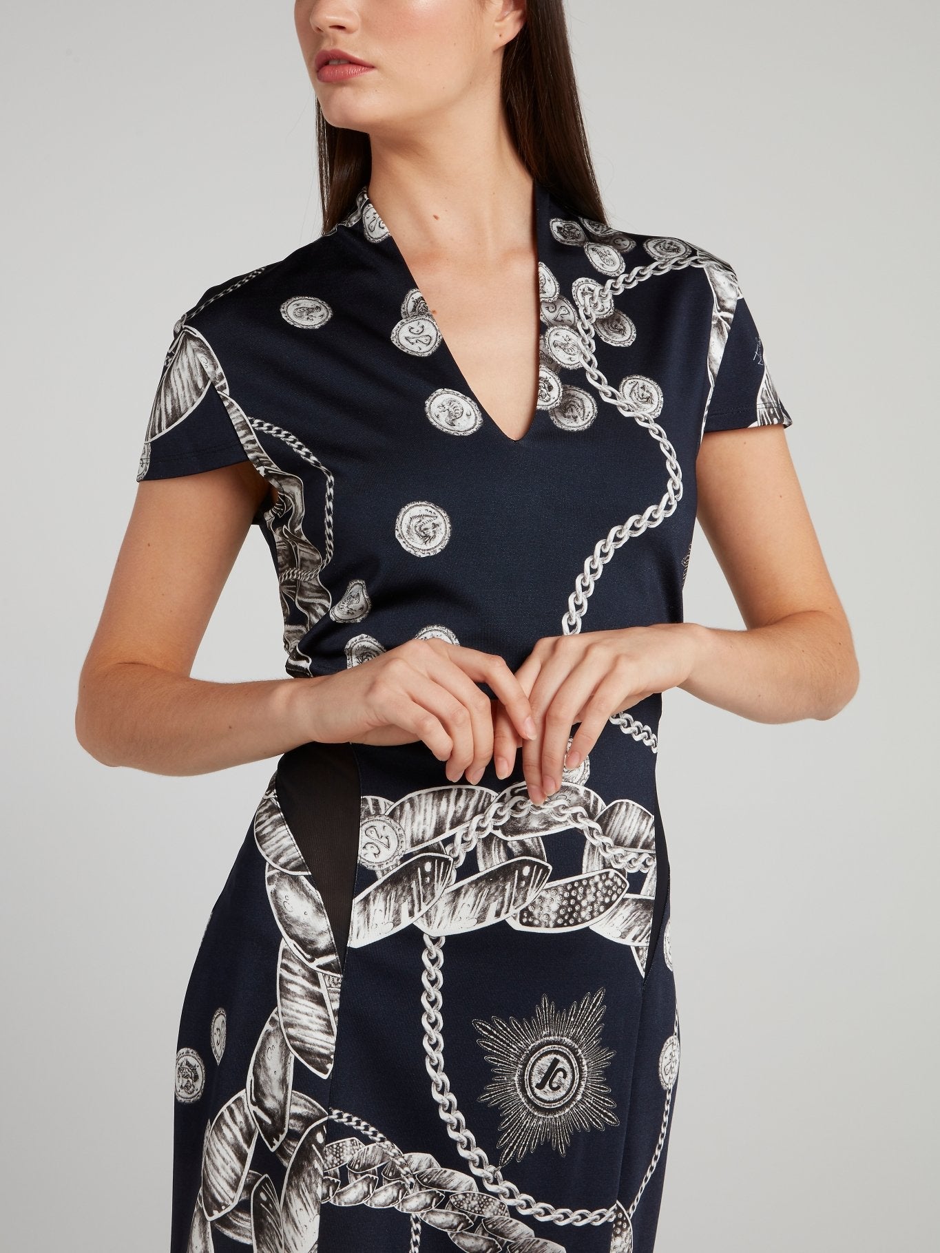 Navy Printed Mesh Panel Dress