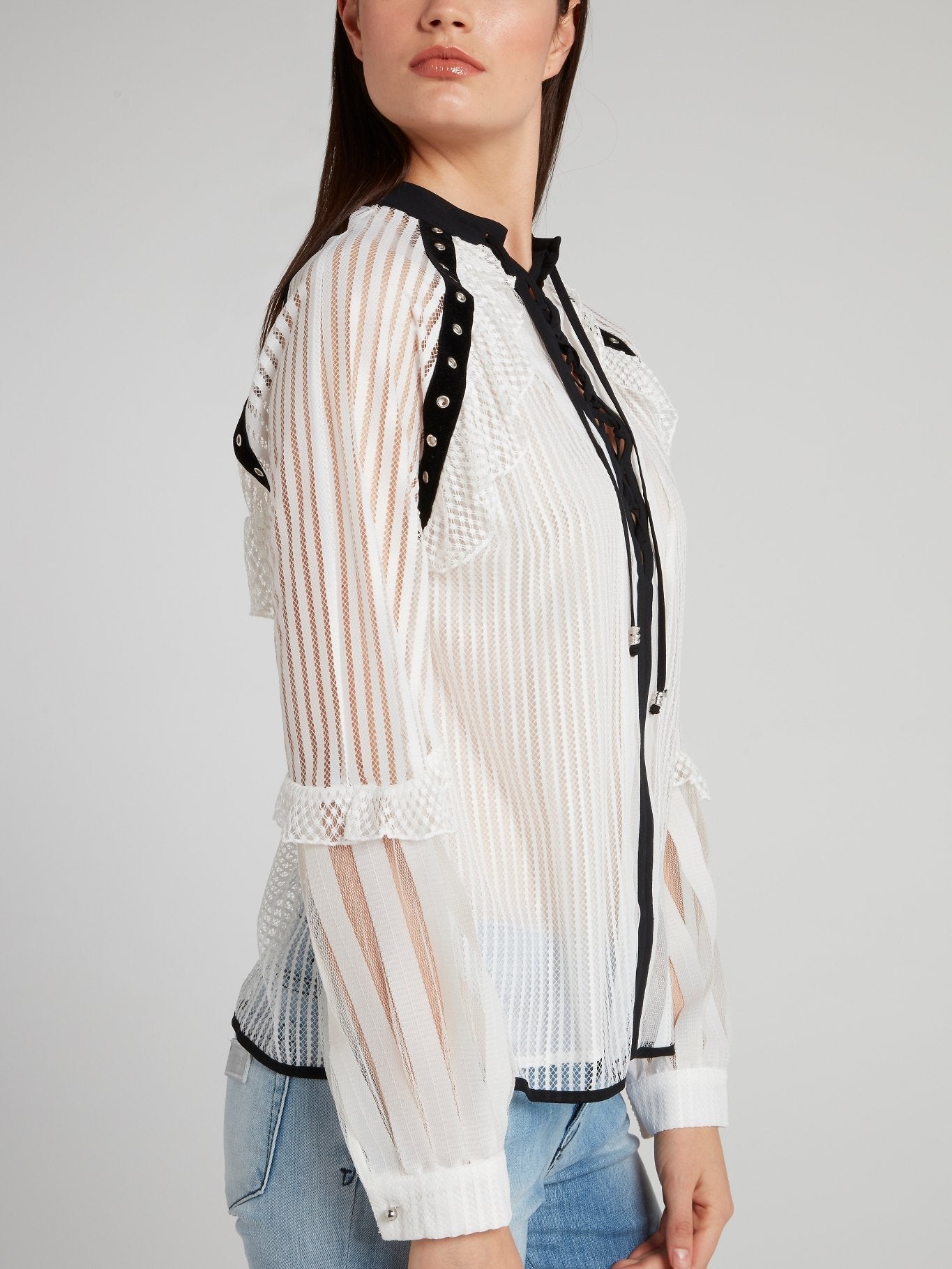 White Net Mesh Lace Up Shirt