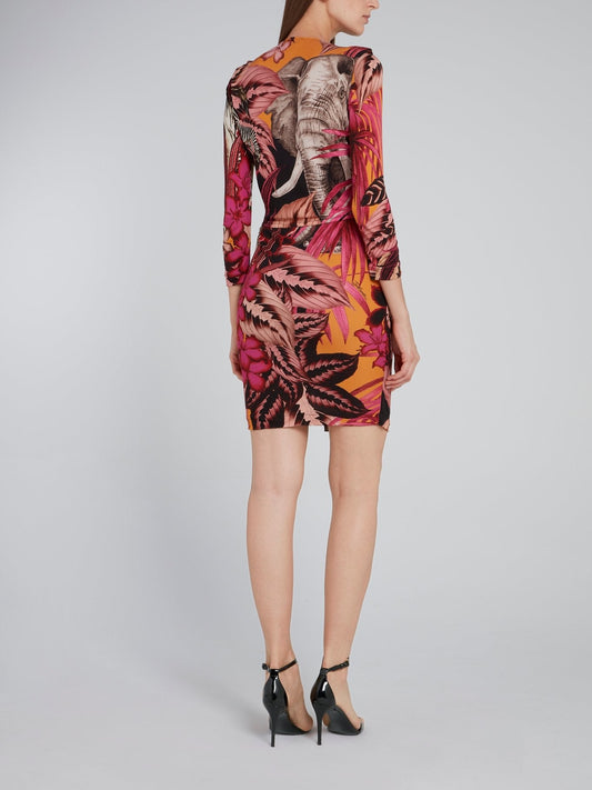 Pink Tropical Print Wrap Dress