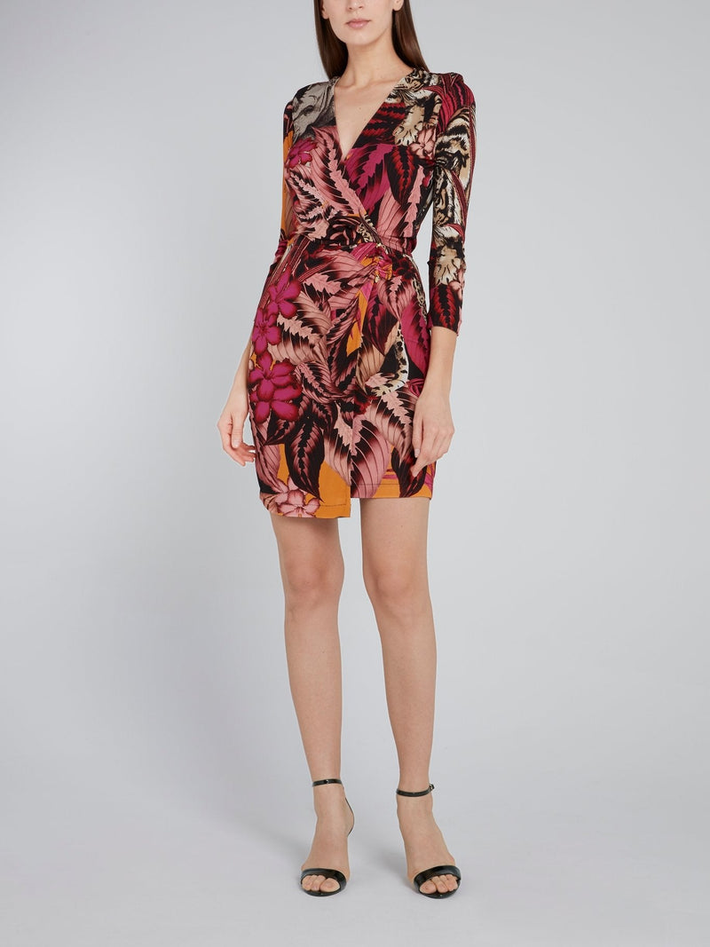 Pink Tropical Print Wrap Dress