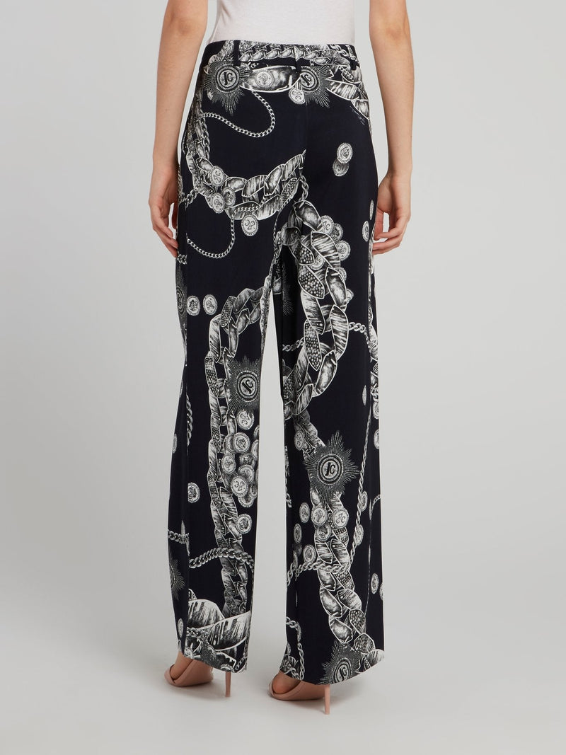 Black Chain Print Wide Leg Pants