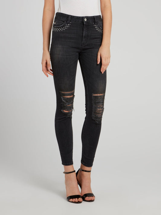 Black Studded Tattered Jeans