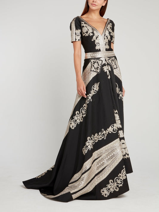 Black Metallic Print Maxi Dress