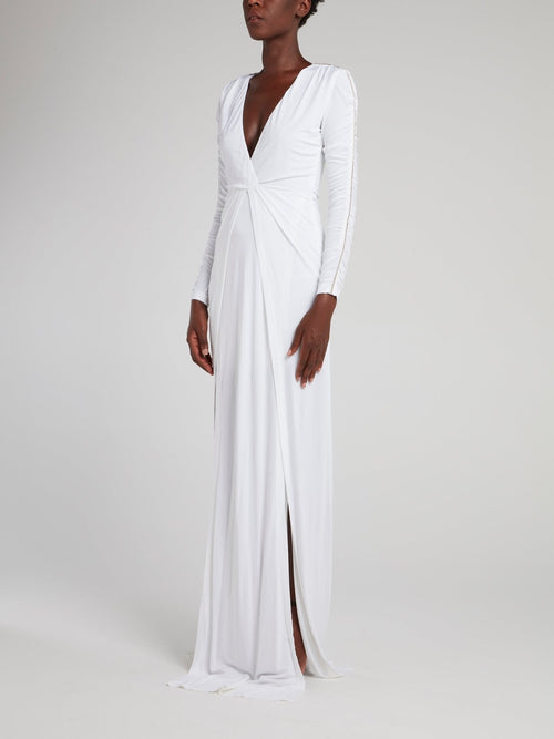 White Ruched Sleeve Maxi Dress