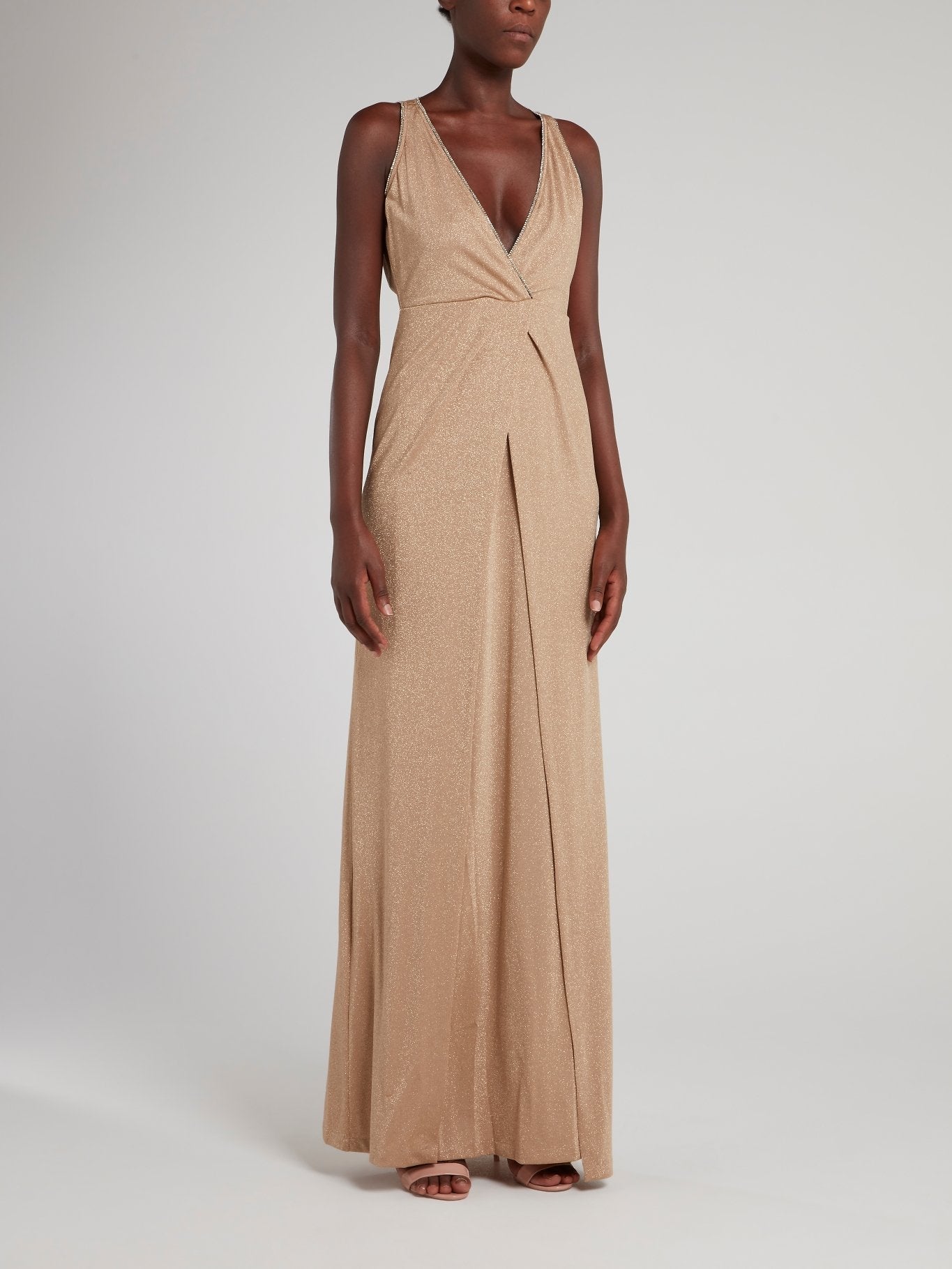 Beige Glitter Slit Maxi Dress