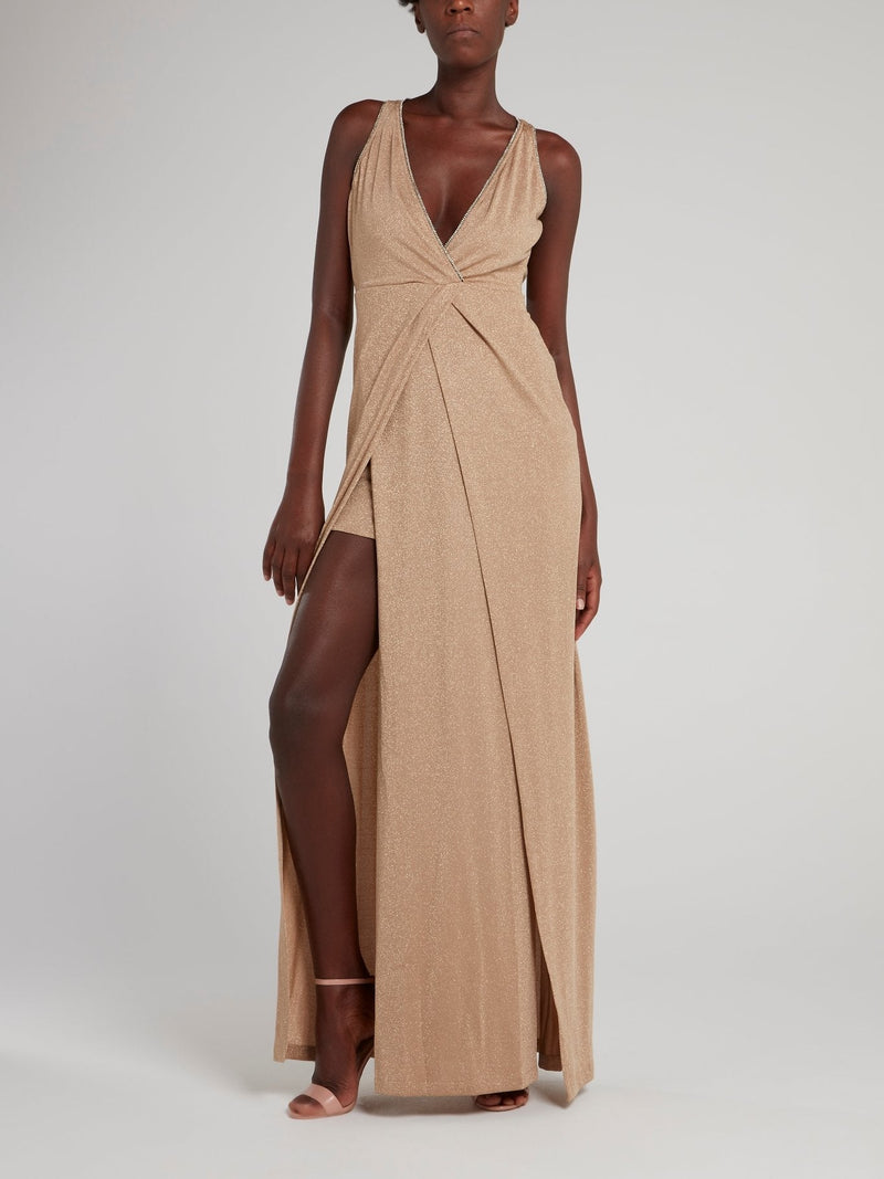 Beige Glitter Slit Maxi Dress