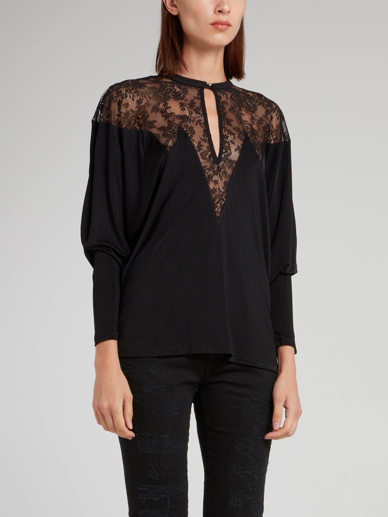 Black Lace Panel Keyhole Top