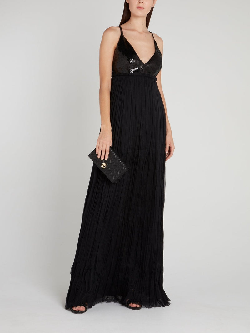 Black Sequin Bodice Pleated Maxi Dress