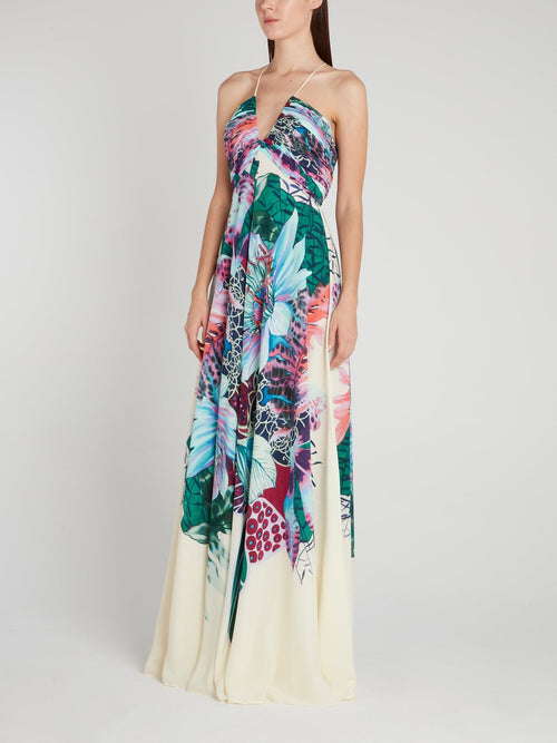 Tropical Print Halter Silk Dress