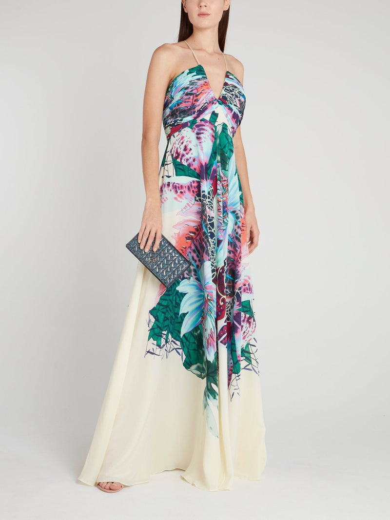 Tropical Print Halter Silk Dress