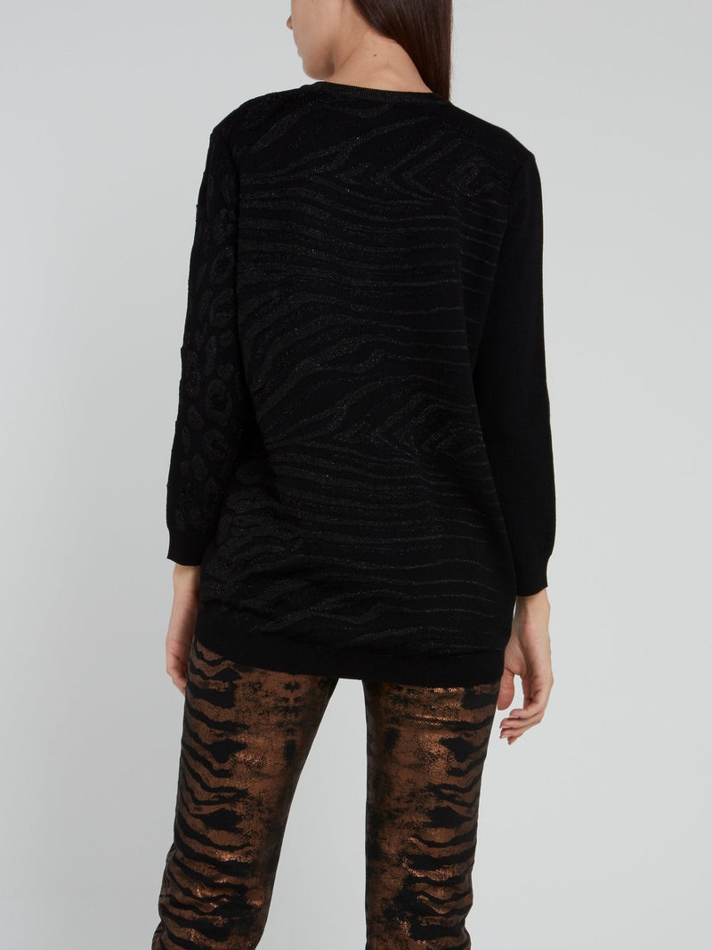 Black Glitter Fabric V-Neck Pullover