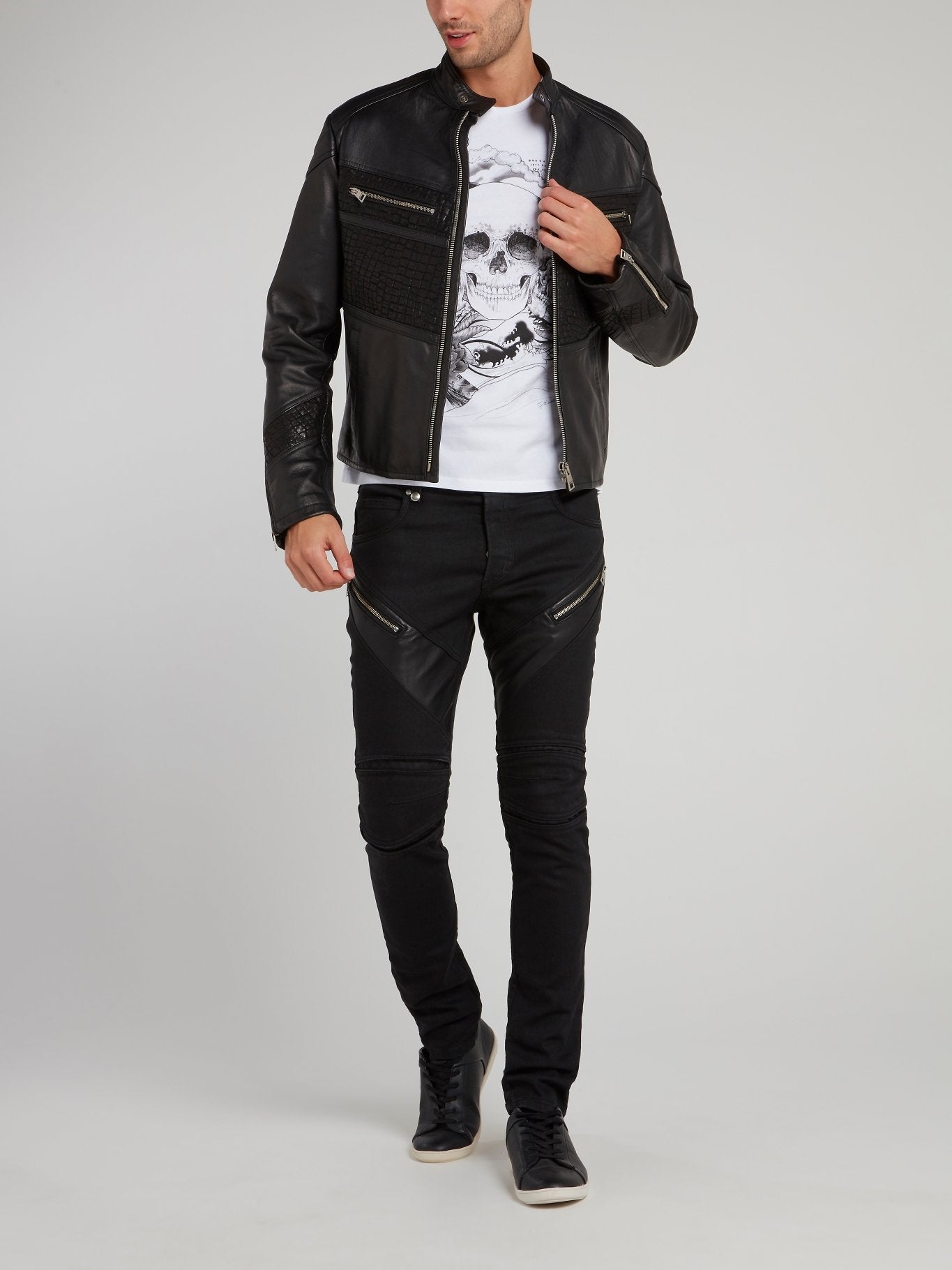 Crocodile Panel Leather Sports Jacket