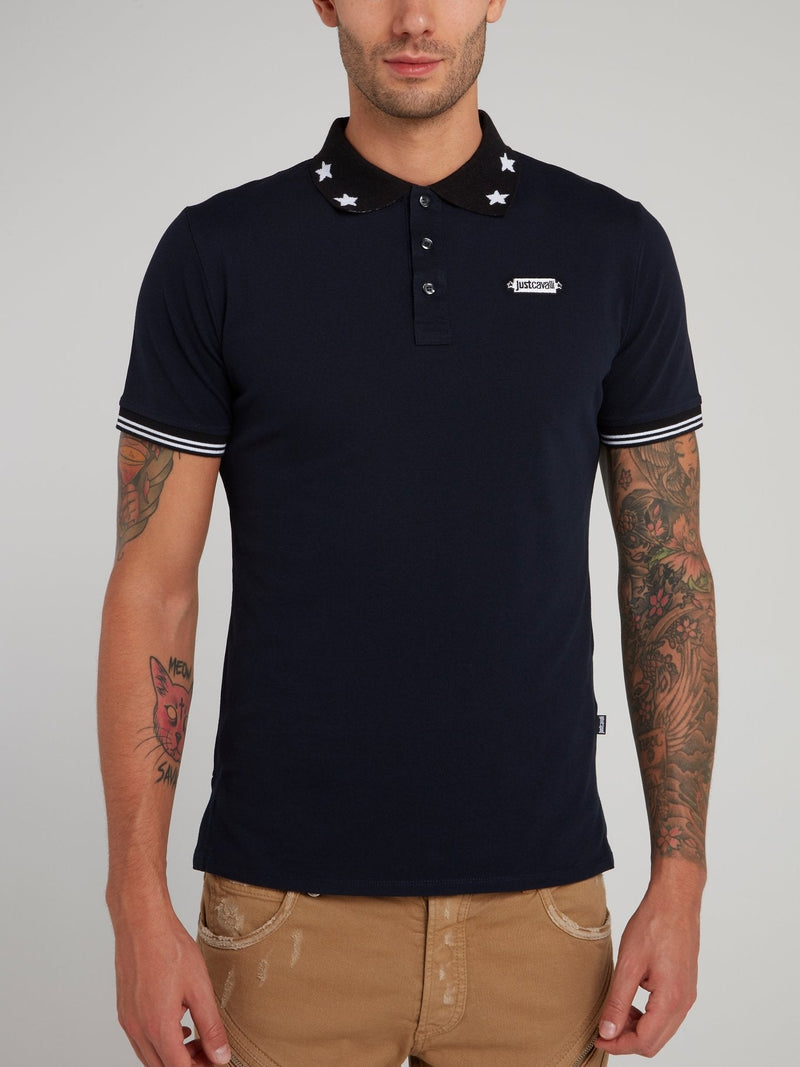 Navy Star Print Collar Polo Shirt