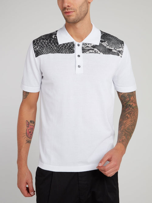 White Snake Print Panel Polo Shirt