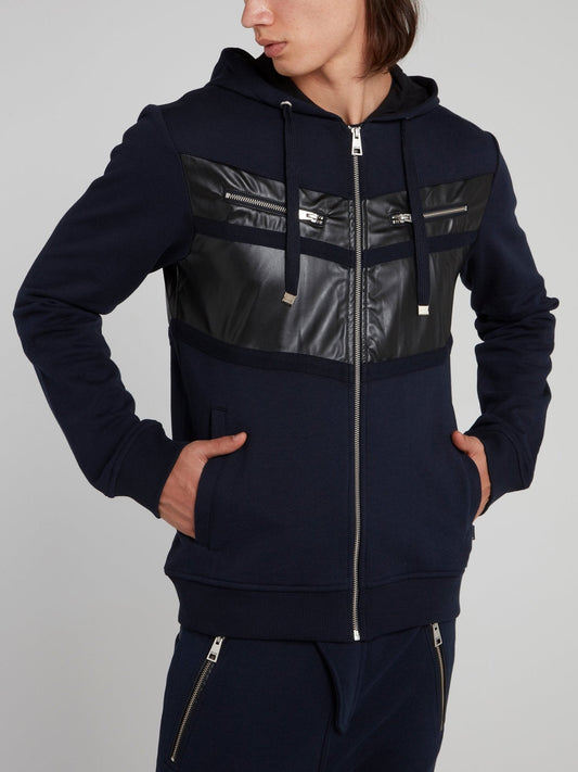 Navy Leather Panel Sweat Jacket