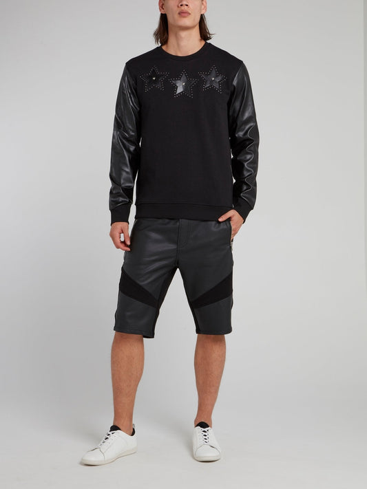 Black Drawstring Leather Panel Shorts