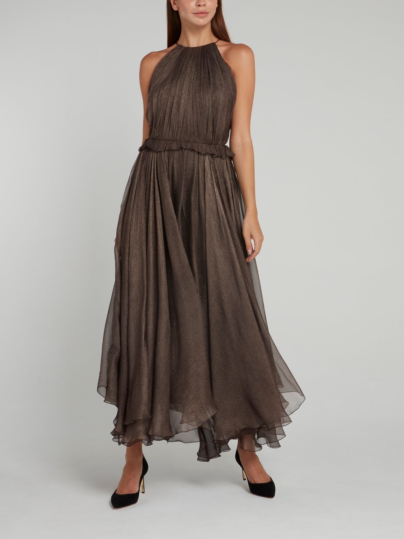 Frill Halter Silk Maxi Dress