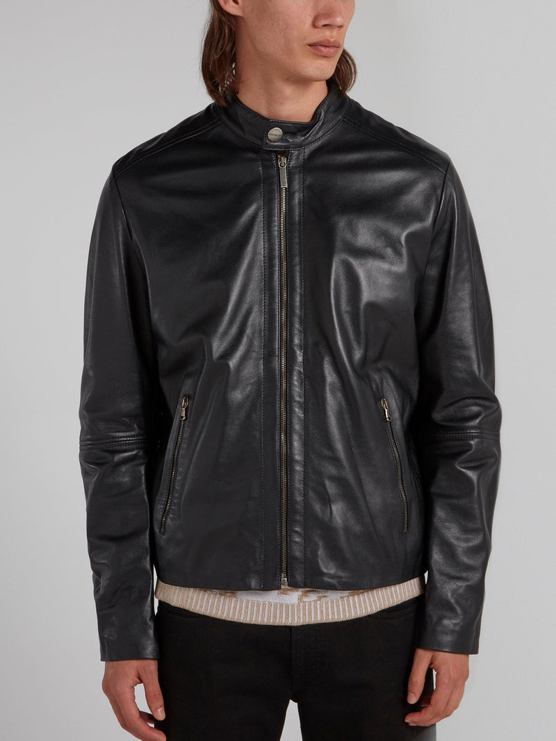 Black Clasp Neck Leather Jacket