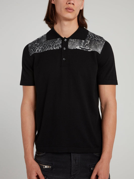 Black Snake Print Panel Polo Shirt