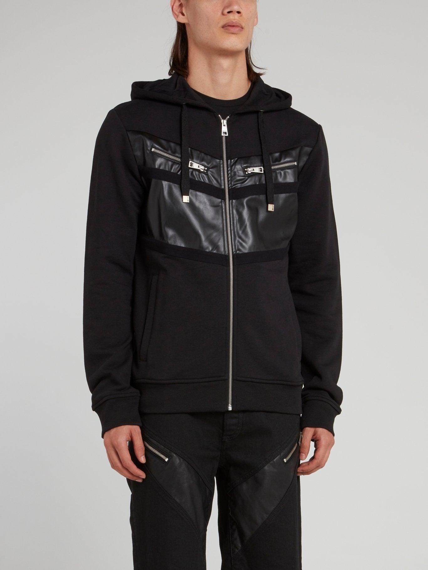 Black Leather Panel Sweat Jacket