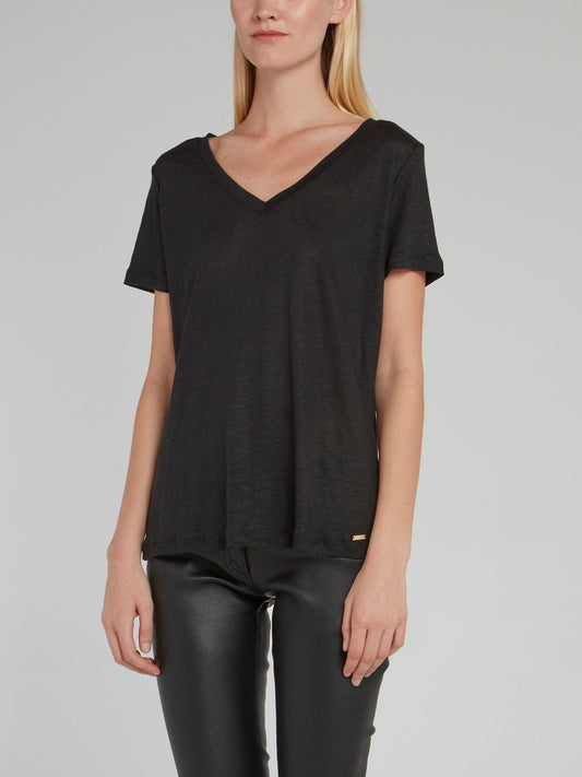 Black V-Neck Linen T-Shirt