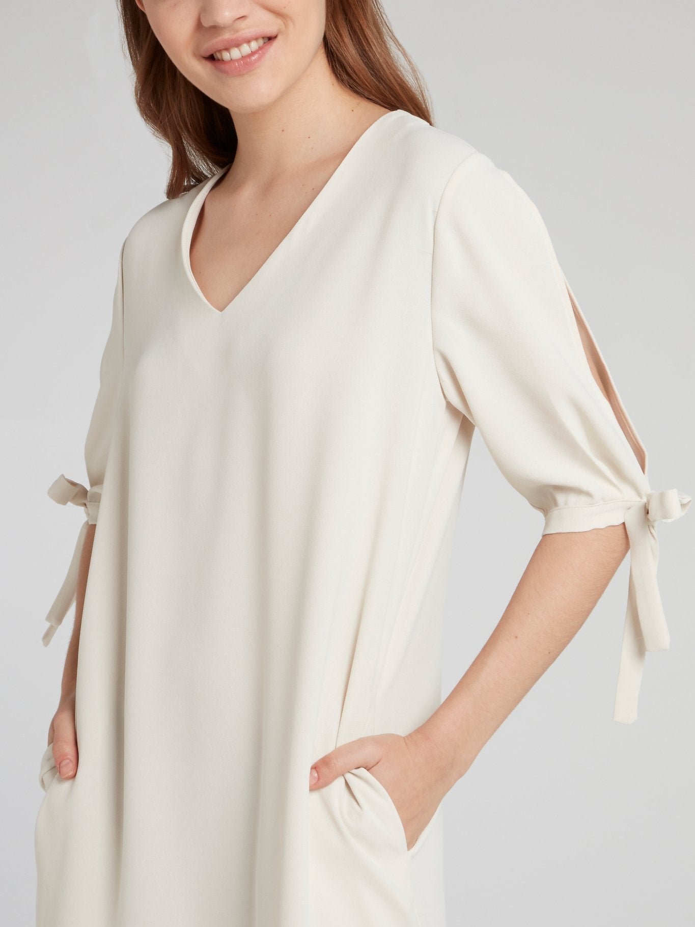 Beige Tie Sleeve Shift Dress