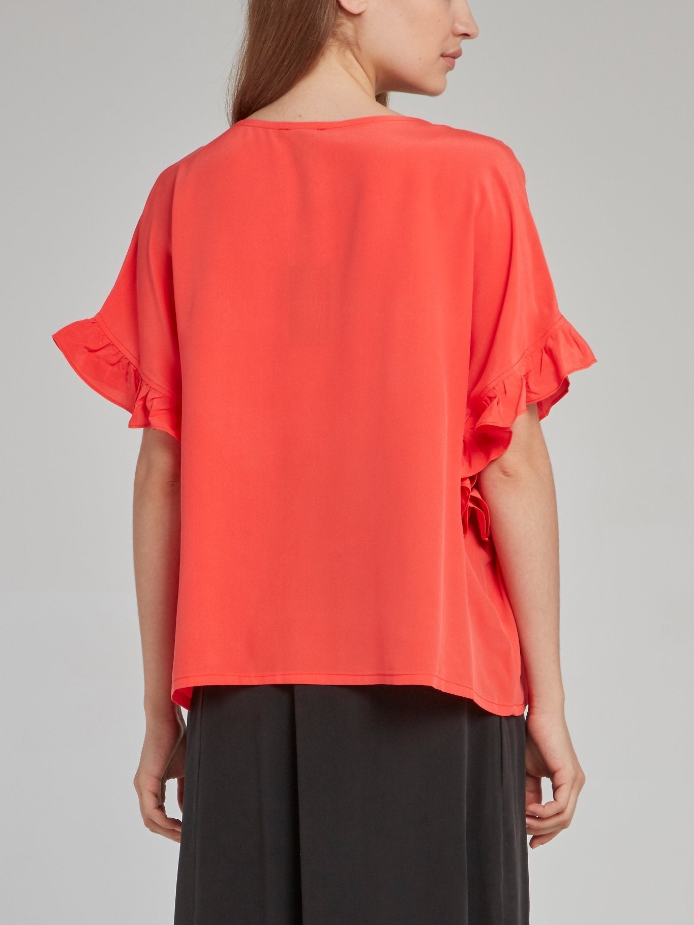 Coral Frill Sleeve Silk Top